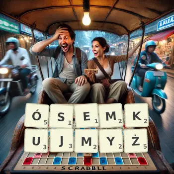 Kreatywna ilustracja do gry w Scrabble ze słowem ÓSEMKUJMYŻ ułożonym z płytek na planszy.