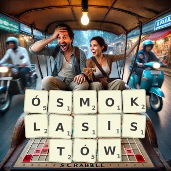 Kreatywna ilustracja do gry w Scrabble ze słowem ÓSMOKLASISTÓW ułożonym z płytek na planszy.