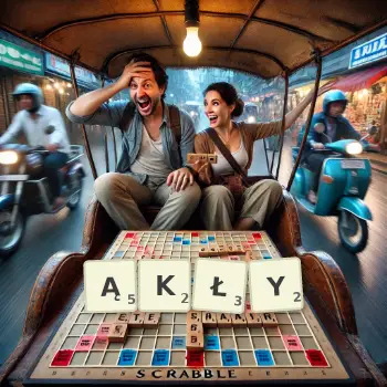 Kreatywna ilustracja do gry w Scrabble ze słowem ĄKŁY ułożonym z płytek na planszy.