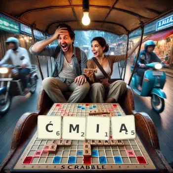 Kreatywna ilustracja do gry w Scrabble ze słowem ĆMIĄ ułożonym z płytek na planszy.