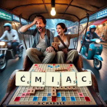 Kreatywna ilustracja do gry w Scrabble ze słowem ĆMIĄC ułożonym z płytek na planszy.