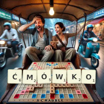 Kreatywna ilustracja do gry w Scrabble ze słowem ĆMÓWKO ułożonym z płytek na planszy.