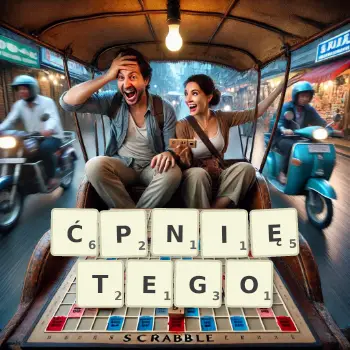 Kreatywna ilustracja do gry w Scrabble ze słowem ĆPNIĘTEGO ułożonym z płytek na planszy.