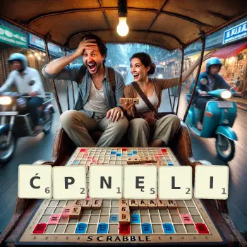 Kreatywna ilustracja do gry w Scrabble ze słowem ĆPNĘLI ułożonym z płytek na planszy.