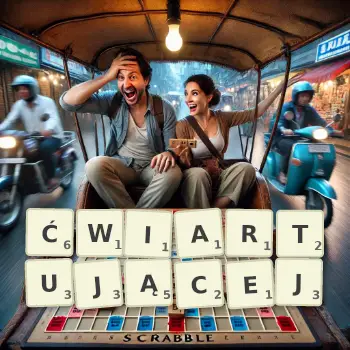 Kreatywna ilustracja do gry w Scrabble ze słowem ĆWIARTUJĄCEJ ułożonym z płytek na planszy.