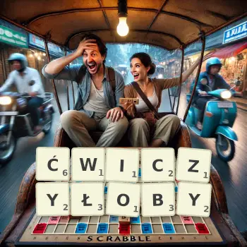 Kreatywna ilustracja do gry w Scrabble ze słowem ĆWICZYŁOBY ułożonym z płytek na planszy.