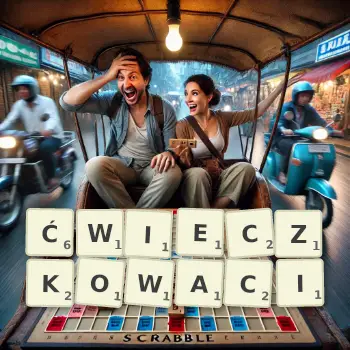 Kreatywna ilustracja do gry w Scrabble ze słowem ĆWIECZKOWACI ułożonym z płytek na planszy.