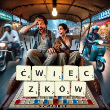 Kreatywna ilustracja do gry w Scrabble ze słowem ĆWIECZKÓW ułożonym z płytek na planszy.