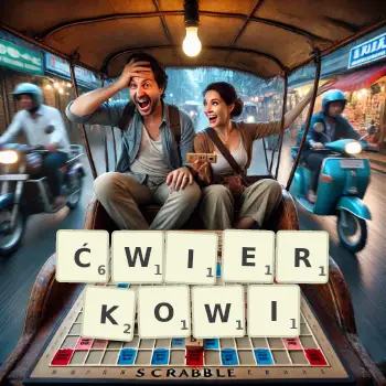 Kreatywna ilustracja do gry w Scrabble ze słowem ĆWIERKOWI ułożonym z płytek na planszy.