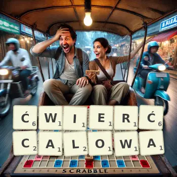 Kreatywna ilustracja do gry w Scrabble ze słowem ĆWIERĆCALOWA ułożonym z płytek na planszy.