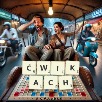 Kreatywna ilustracja do gry w Scrabble ze słowem ĆWIKACH ułożonym z płytek na planszy.