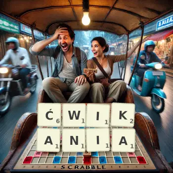 Kreatywna ilustracja do gry w Scrabble ze słowem ĆWIKANIA ułożonym z płytek na planszy.