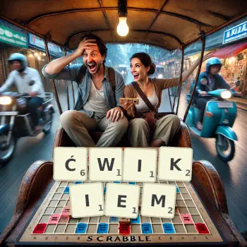 Kreatywna ilustracja do gry w Scrabble ze słowem ĆWIKIEM ułożonym z płytek na planszy.