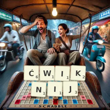 Kreatywna ilustracja do gry w Scrabble ze słowem ĆWIKNIJ ułożonym z płytek na planszy.