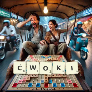 Kreatywna ilustracja do gry w Scrabble ze słowem ĆWOKI ułożonym z płytek na planszy.