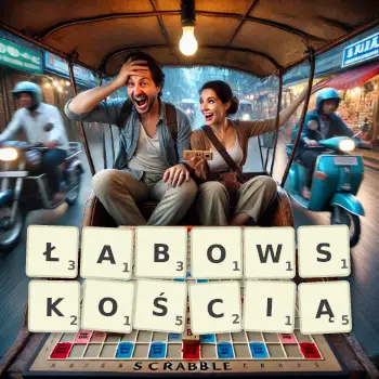 Kreatywna ilustracja do gry w Scrabble ze słowem ŁABOWSKOŚCIĄ ułożonym z płytek na planszy.