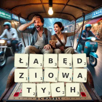 Kreatywna ilustracja do gry w Scrabble ze słowem ŁABĘDZIOWATYCH ułożonym z płytek na planszy.