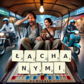 Kreatywna ilustracja do gry w Scrabble ze słowem ŁACHANYMI ułożonym z płytek na planszy.