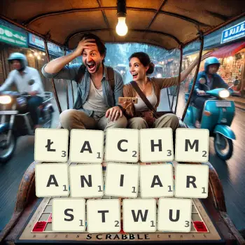 Kreatywna ilustracja do gry w Scrabble ze słowem ŁACHMANIARSTWU ułożonym z płytek na planszy.