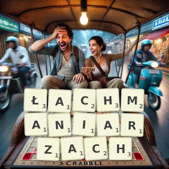 Kreatywna ilustracja do gry w Scrabble ze słowem ŁACHMANIARZACH ułożonym z płytek na planszy.