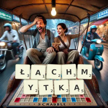 Kreatywna ilustracja do gry w Scrabble ze słowem ŁACHMYTKĄ ułożonym z płytek na planszy.