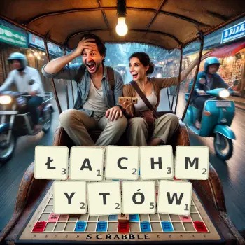 Kreatywna ilustracja do gry w Scrabble ze słowem ŁACHMYTÓW ułożonym z płytek na planszy.