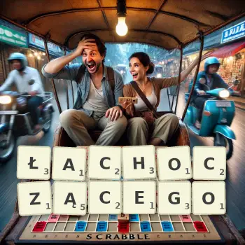 Kreatywna ilustracja do gry w Scrabble ze słowem ŁACHOCZĄCEGO ułożonym z płytek na planszy.