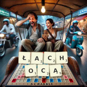 Kreatywna ilustracja do gry w Scrabble ze słowem ŁACHOCĄ ułożonym z płytek na planszy.