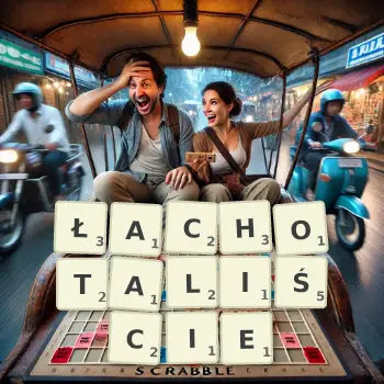 Kreatywna ilustracja do gry w Scrabble ze słowem ŁACHOTALIŚCIE ułożonym z płytek na planszy.