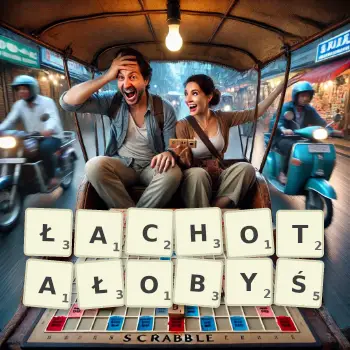 Kreatywna ilustracja do gry w Scrabble ze słowem ŁACHOTAŁOBYŚ ułożonym z płytek na planszy.