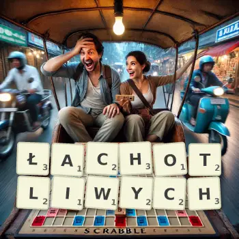 Kreatywna ilustracja do gry w Scrabble ze słowem ŁACHOTLIWYCH ułożonym z płytek na planszy.