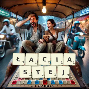 Kreatywna ilustracja do gry w Scrabble ze słowem ŁACIASTEJ ułożonym z płytek na planszy.