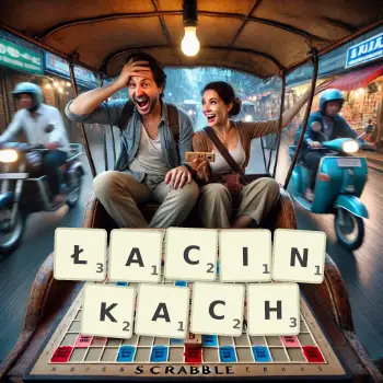 Kreatywna ilustracja do gry w Scrabble ze słowem ŁACINKACH ułożonym z płytek na planszy.