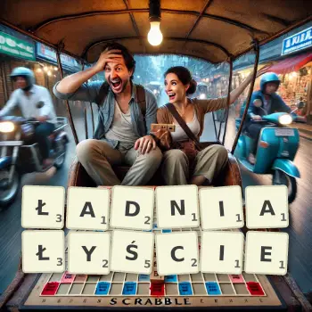 Kreatywna ilustracja do gry w Scrabble ze słowem ŁADNIAŁYŚCIE ułożonym z płytek na planszy.