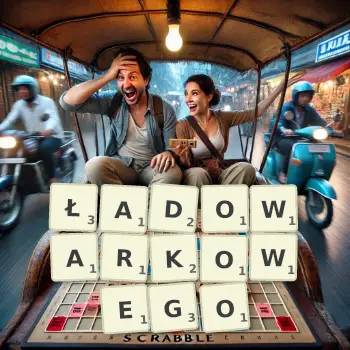 Kreatywna ilustracja do gry w Scrabble ze słowem ŁADOWARKOWEGO ułożonym z płytek na planszy.