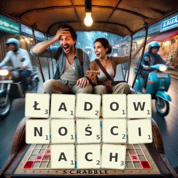 Kreatywna ilustracja do gry w Scrabble ze słowem ŁADOWNOŚCIACH ułożonym z płytek na planszy.