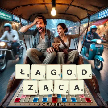 Kreatywna ilustracja do gry w Scrabble ze słowem ŁAGODZĄCĄ ułożonym z płytek na planszy.