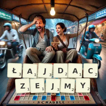 Kreatywna ilustracja do gry w Scrabble ze słowem ŁAJDACZEJMY ułożonym z płytek na planszy.