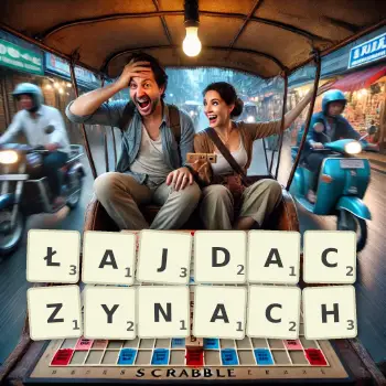 Kreatywna ilustracja do gry w Scrabble ze słowem ŁAJDACZYNACH ułożonym z płytek na planszy.
