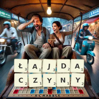 Kreatywna ilustracja do gry w Scrabble ze słowem ŁAJDACZYNY ułożonym z płytek na planszy.