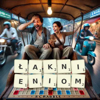 Kreatywna ilustracja do gry w Scrabble ze słowem ŁAKNIENIOM ułożonym z płytek na planszy.