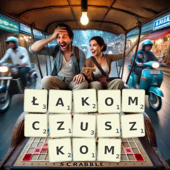 Kreatywna ilustracja do gry w Scrabble ze słowem ŁAKOMCZUSZKOM ułożonym z płytek na planszy.