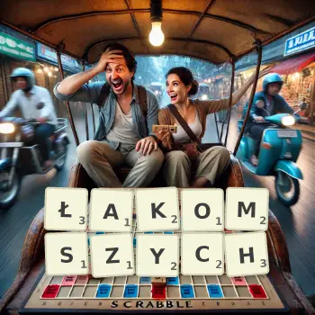 Kreatywna ilustracja do gry w Scrabble ze słowem ŁAKOMSZYCH ułożonym z płytek na planszy.