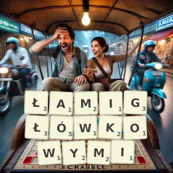 Kreatywna ilustracja do gry w Scrabble ze słowem ŁAMIGŁÓWKOWYMI ułożonym z płytek na planszy.