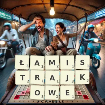 Kreatywna ilustracja do gry w Scrabble ze słowem ŁAMISTRAJKOWE ułożonym z płytek na planszy.