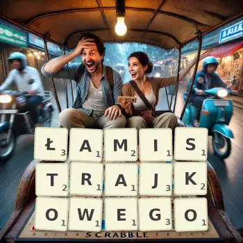 Kreatywna ilustracja do gry w Scrabble ze słowem ŁAMISTRAJKOWEGO ułożonym z płytek na planszy.