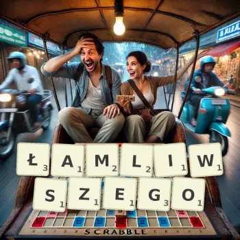 Kreatywna ilustracja do gry w Scrabble ze słowem ŁAMLIWSZEGO ułożonym z płytek na planszy.