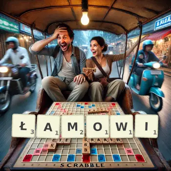 Kreatywna ilustracja do gry w Scrabble ze słowem ŁAMOWI ułożonym z płytek na planszy.