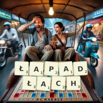 Kreatywna ilustracja do gry w Scrabble ze słowem ŁAPADŁACH ułożonym z płytek na planszy.