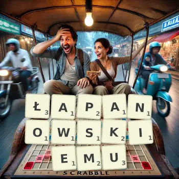 Kreatywna ilustracja do gry w Scrabble ze słowem ŁAPANOWSKIEMU ułożonym z płytek na planszy.